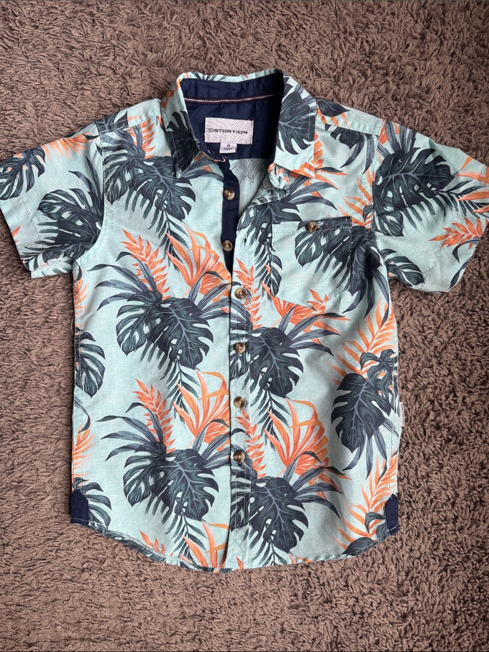 Distortion Kids' Mint Tropical Button-Up Shirt with Orange Leaf Print